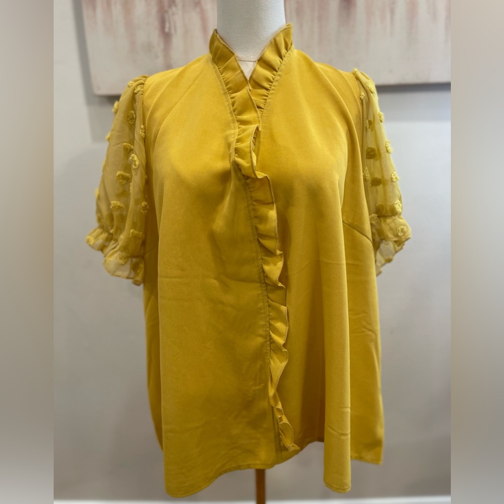 SHEIN 3XL Mustard Yellow Ruffled Short Sleeve Blouse with Mandarin Collar